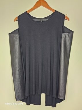 BCBGMaxAzria Black Cold-Shoulder Top with Faux Leather Sleeves